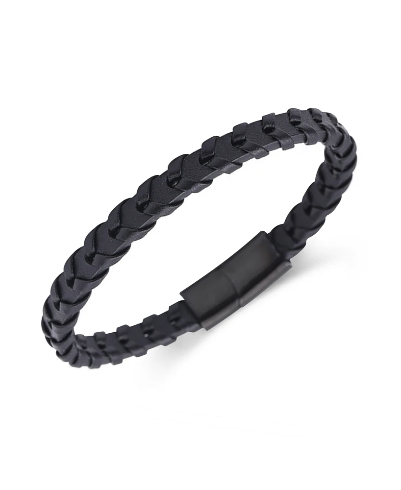 Rhona Sutton Black Weaved Leather Stainless Steel Bracelet