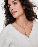 On 34th Gold-Tone Cubic Zirconia & Stone Heart Layered Lariat Necklace, 15" + 3" extender, Created for Macy's