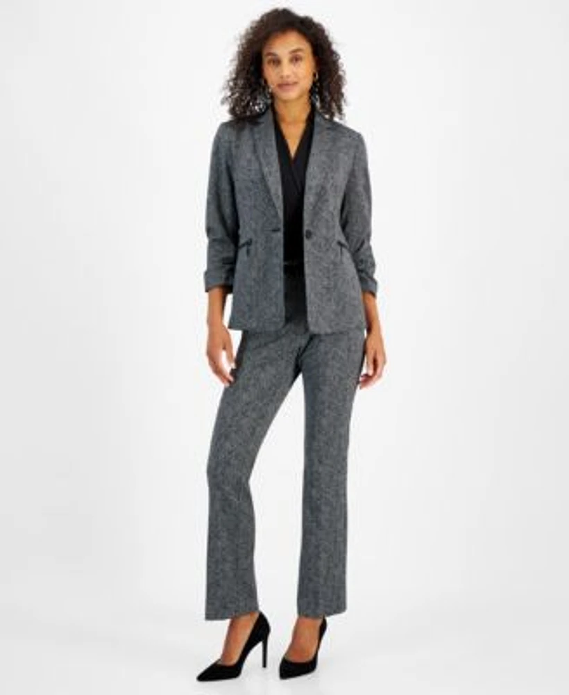 Kasper Womens Printed Ruched Sleeve One Button Blazer Herringbone Belted Bootcut Pants