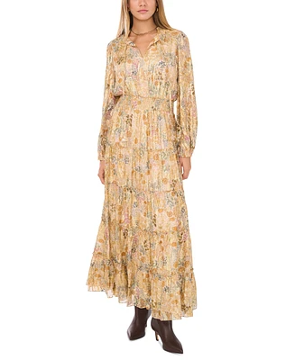 1.state Women's Printed Smocked-Waist Tiered Maxi Dress