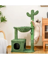 Slickblue Cactus Cat Tree – 40'' Cat Tower with Large Metal Carpet Hammock, Scratching Post, Condo, and Dangling Ball for Indoor Cats, Green