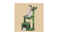 Slickblue Cactus Cat Tree – 40'' Cat Tower with Large Metal Carpet Hammock, Scratching Post, Condo, and Dangling Ball for Indoor Cats, Green