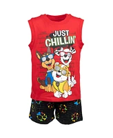 Paw Patrol Boys Rocky Rubble Marshall T-Shirt Tank Top and French Terry Shorts 3 Piece Outfit Set to