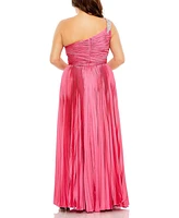 Mac Duggal Women's Plus One Shoulder Embellished Pleated Sleeveless Gown