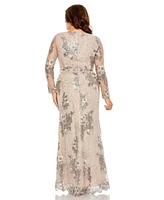 Mac Duggal Women's V Neck Mesh Long Sleeve Embroidered Gown