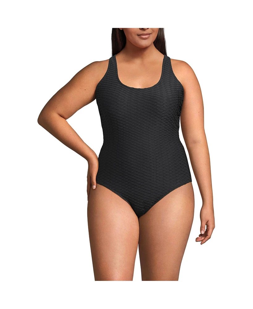 Lands' End Plus Texture X-Back High Leg Tugless One Piece Swimsuit