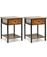 Gymax 2PCS Industrial End Side Table Nightstand with Drawer Shelf Rustic Brown