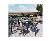 Pamapic 8-Piece Aluminum Teak Outdoor Patio Dining Set with Rectangle Table, Small Side Table and 6-Stackable Chairs