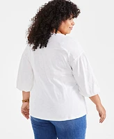 Style & Co Plus Embroidered-Yoke 3/4-Sleeve Top, Created for Macy's