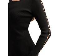 Bcx Juniors' Embellished-Sleeve Ribbed Crewneck Sweater