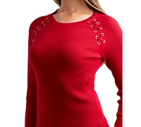 Bcx Juniors' Ribbed Lace-Up Long-Sleeve Crewneck Sweater