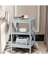 Gymax 3-Tier Nightstand End Table X Design Storage Display Shelf Living Room Grey