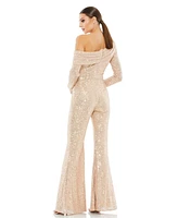 Mac Duggal Women's Sequined Drop Shoulder Long Sleeve Jumpsuit