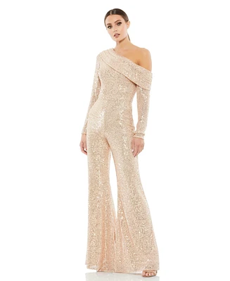 Mac Duggal Women's Sequined Drop Shoulder Long Sleeve Jumpsuit