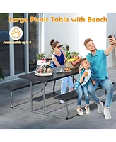 Costway Folding Picnic Table with Wood-like Tabletop, Umbrella Hole, 2 Benches for 8 Person