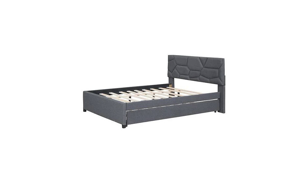 Slickblue Full Size Upholstered Platform Bed with Brick Pattern Headboard and Twin Size Trundle