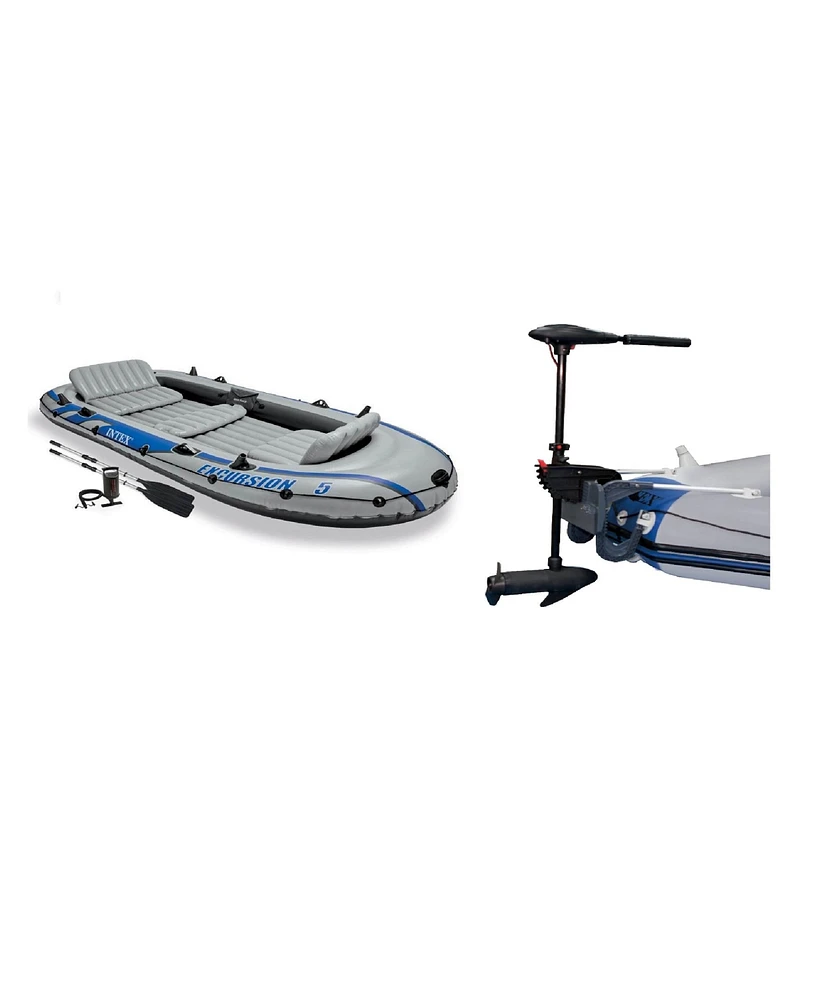 Intex Excursion 5 Inflatable Fishing Boat Set with Transom Mount Trolling Motor