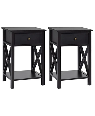 Gymax Set of 2 Nightstand Sofa Side End Table X-Design w/ Shelf Drawer Brown