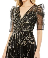 Mac Duggal Women's Embellished Gathered Puff Sleeve Faux Wrap Gown