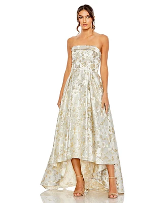 Mac Duggal Women's Brocade Strapless Golden Floral High Low Gown