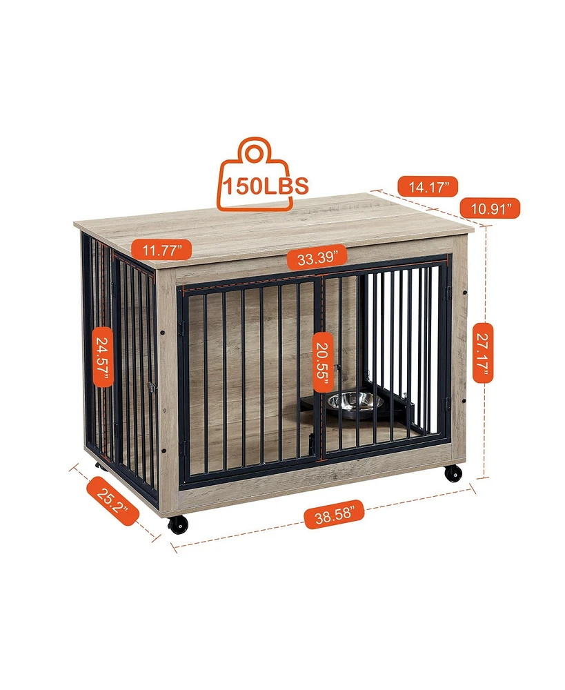 Slickblue Furniture Style Dog Crate Side Table with Rotatable Feeding Bowl – Stylish and Functional