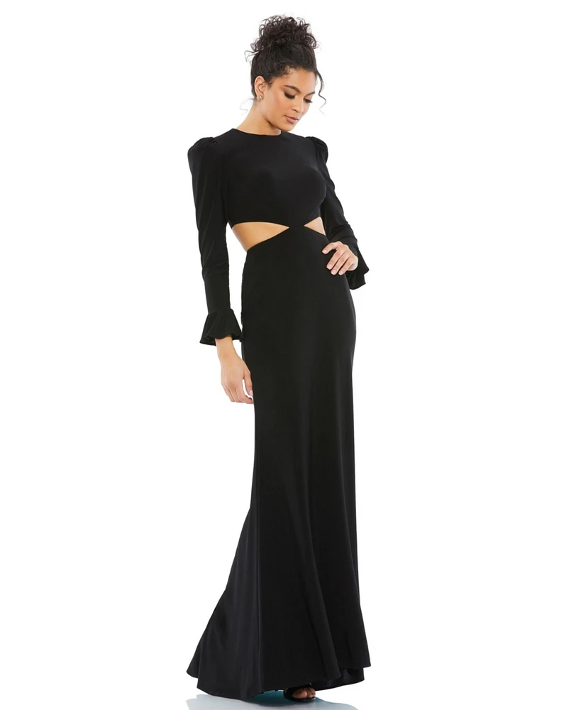 Mac Duggal Women's Long Sleeve Puff Shoulder Cut Out Gown