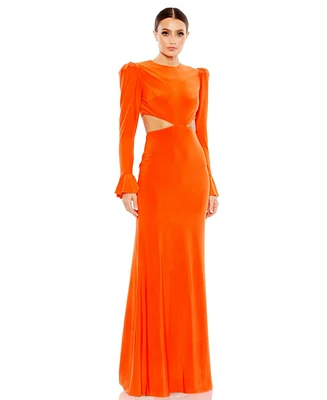 Mac Duggal Women's Long Sleeve Puff Shoulder Cut Out Gown