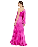 Mac Duggal Women's Long One Sleeve Asymmetrical Ruffle Hem Gown