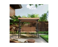 Pamapic 3-Person Brown Metal Patio Swing with Canopy and Cushions