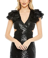 Mac Duggal Women's Sequined Ruffled Cut Out Lace Up Gown