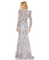 Mac Duggal Women's V-Neck Embellished Puff Sleeve Gown