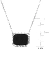 Black Agate Bead-Framed Rectangular 17" Pendant Necklace Sterling Silver (Also Hematite, Lapis, or Tiger Eye)