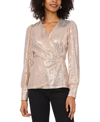 Vince Camuto Women's Sequined Faux-Wrap Long-Sleeve Top