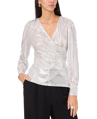 Vince Camuto Women's Sequined Faux-Wrap Long-Sleeve Top