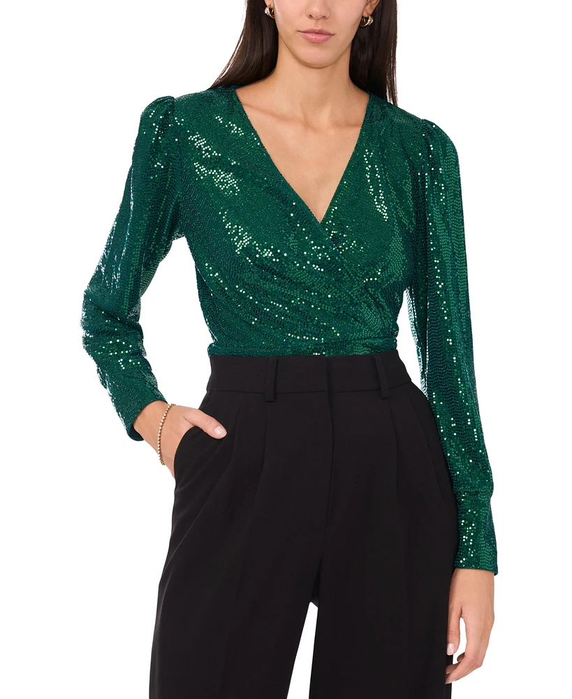 Vince Camuto Women's Sequined Faux-Wrap Long-Sleeve Top