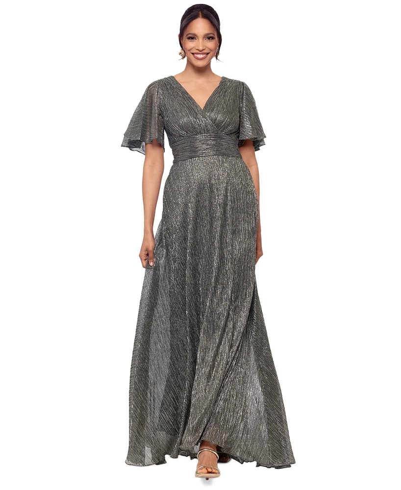 Betsy & Adam Women's V-Neck Flutter-Sleeve Metallic Dress