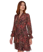 Tommy Hilfiger Women's Paisley Tie-Neck Tiered Dress