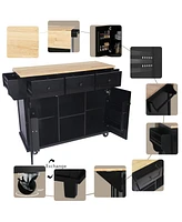 Slickblue Kitchen Cart with Rubber Wood Drop-Leaf Countertop Cabinet Door Internal Storage Racks, 5 Wheels, 3 Drawers