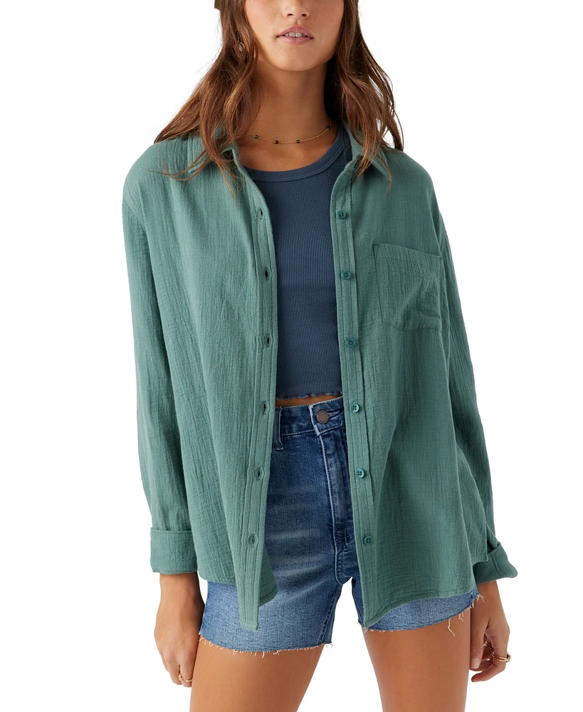O'Neill Juniors' Leni Crinkled Button-Down Pocket-Front Shirt