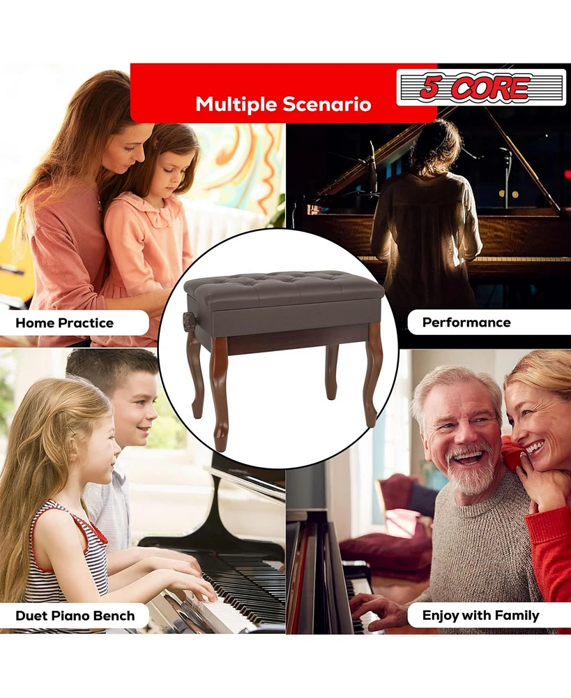 5 Core Piano Bench Wooden Height Adjustable Keyboard Stool Heavy Duty Padded Cushioned Seat, Solid Sturdy Wooden Legs + Storage
