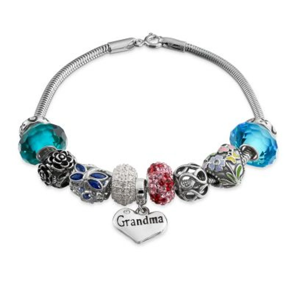 Bling Jewelry Love Grandma Family Themed Starter Beads Multi Charm Bracelet For Grand Mother Women .925 Sterling Silver Snake Chain European Barrel Snap Clasp Bracelets 6.5 7 7.5 8 8.5 9in