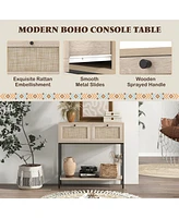 Costway Rattan Console Table with 2 Rattan Drawers & Open Storage Shelf Metal Legs