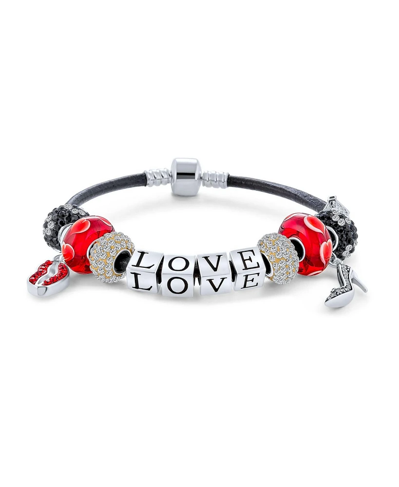 Bling Jewelry Couples Love Word Saying Red Valentine Themed Starter Beads Multi Charm Bracelet Black Leather For Women .925 Sterling Silver European B