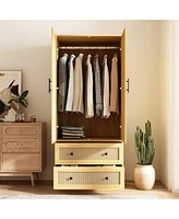 Famapy Wardrobe Freestanding Coat Storage Cabinet with 2-Tier Drawers and Hanging Bar