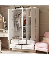 Famapy White Wood Wardrobe Armoires with Mirror,5-Drawers,Adjustable Shelves