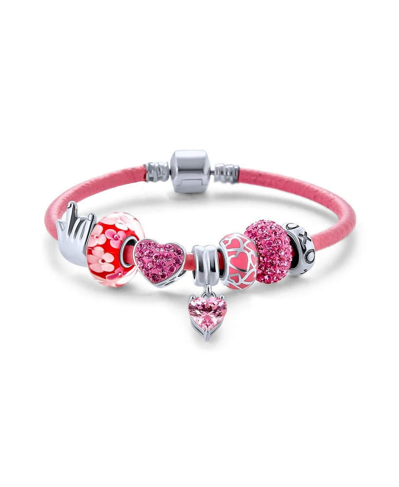 Bling Jewelry I Love You Hand Sign Heart Princess Themed Beads Multi Charm Bracelet For Women .925 Sterling Silver Pink Leather European Barrel Snap C