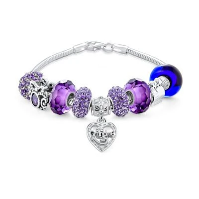 Bling Jewelry Purple Love Grandma Family Themed Starter Beads Multi Charm Bracelet For Grand Mother Women .925 Sterling Silver Snake Chain European Barrel Snap Clasp Bracelets 6.5 7 7.5 8 Inch