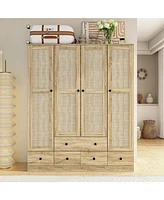 Homsee Brown Wood Grain Rattan Doors Design Armoires Wardrobe with 5-Drawers