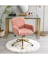 Slickblue Artificial Rabbit Hair Home Office Chair: Adjustable Swivel Desk Chair with Golden Metal Base - Pink Vanity Chair