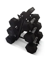 HolaHatha Hexagonal Dumbbell Free Hand Weight Set w/ Rack, 5, 8, & 10 Lbs, Black